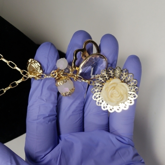 Gold-Tone Necklace with Beads, Hearts, Flower, Crystal Charms - Women's Jewelry - Picture 6 of 6